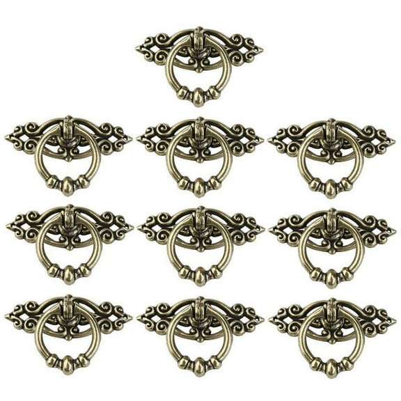 10Pcs Vintage Kitchen Cabinet Cupboard Dresser Door Drawer Ring Pull Handles Knobs (Antique Brass)