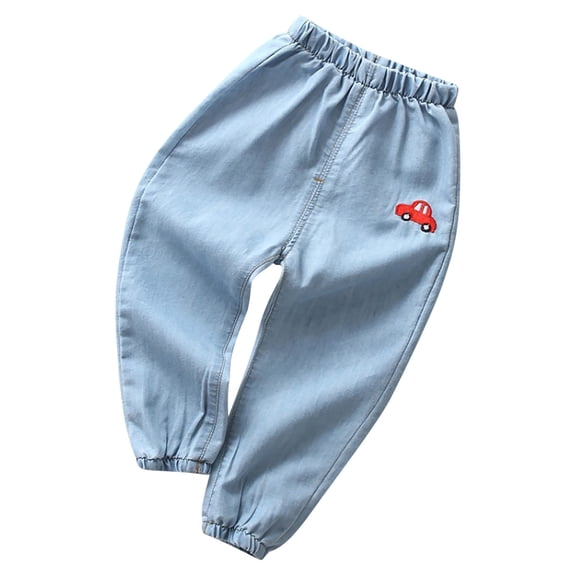 Zwiiyzr 2-7Y Kids Girls Jeans Pants Loose Embroidered Elastic Waist Casual Solid Color Pocket Cuffed Denim Pants Light Blue