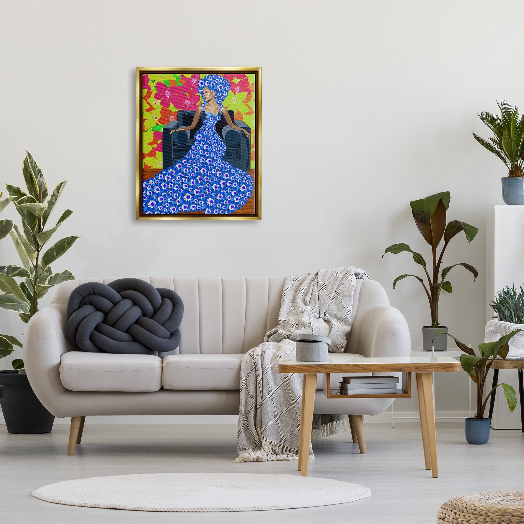 Stupell Industries Woman In Blue Retro Floral Pattern Botanical & Floral Painting Gold Floater Framed Art Print Wall Art