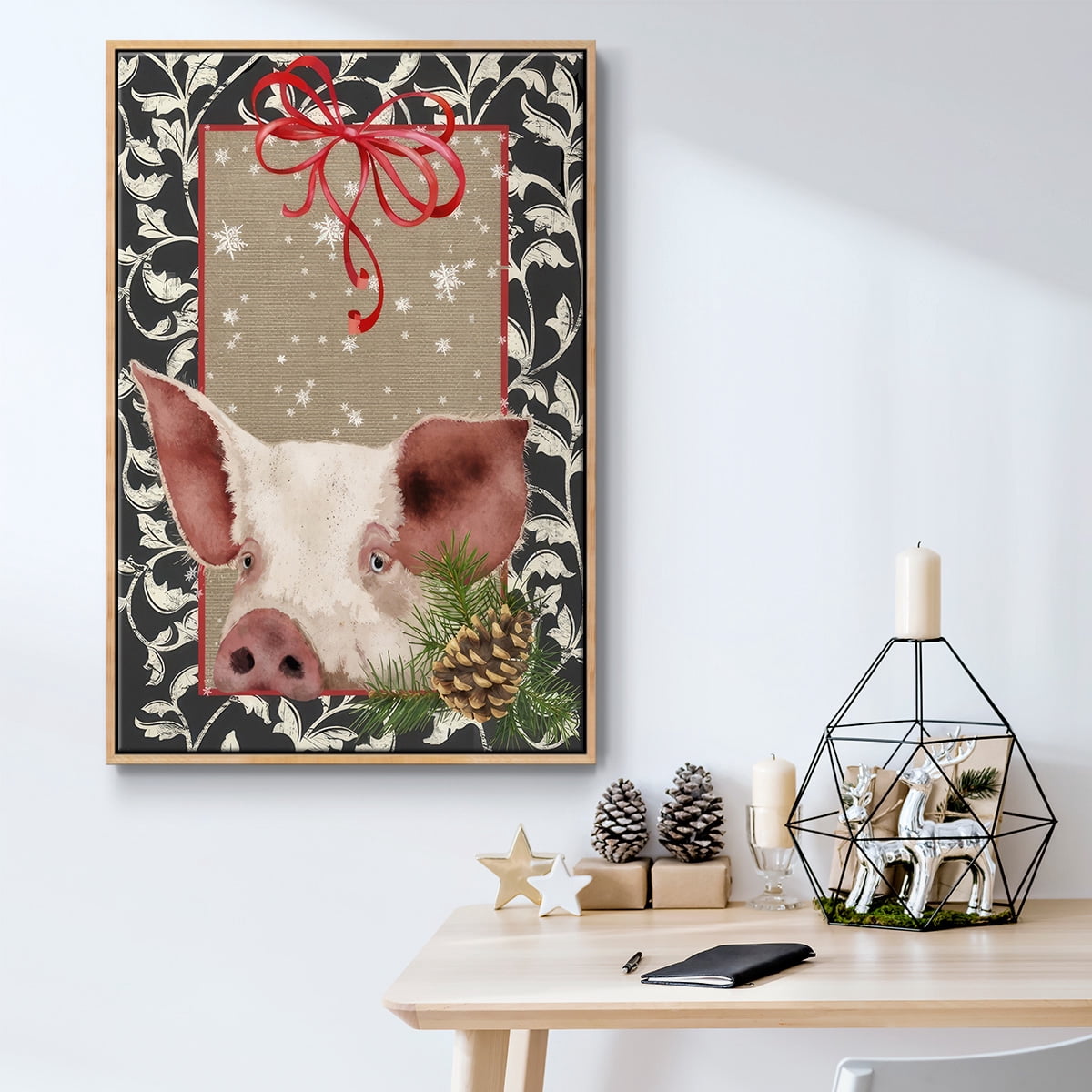 County Christmas Farm II - Framed Gallery Wrapped Holiday Canvas - 17 x 25 - Natural Wood Frame