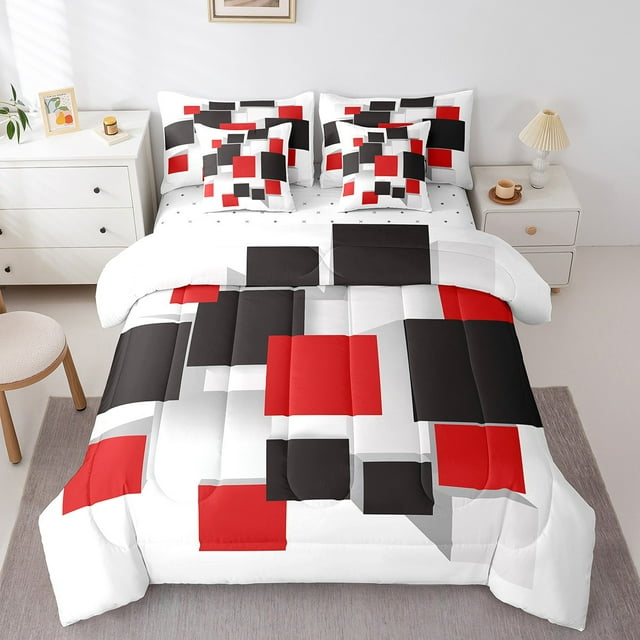 Erosebridal Red Black Checkered Bedding Sets Twin Size, Modern Abstract Grid Comforter Sets with Sheets Ultra Soft 7-Piece