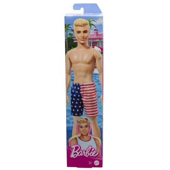 Ken Doll Wearing American Flag Swimsuit, Barbie Pool and Beach Toys