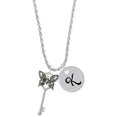 thumbnail image 1 of Delight Jewelry Silvertone Antiqued Butterfly Key with AB Crystals Silvertone Script Initial Disc - K - Charm Necklace, 20"+3", 1 of 4