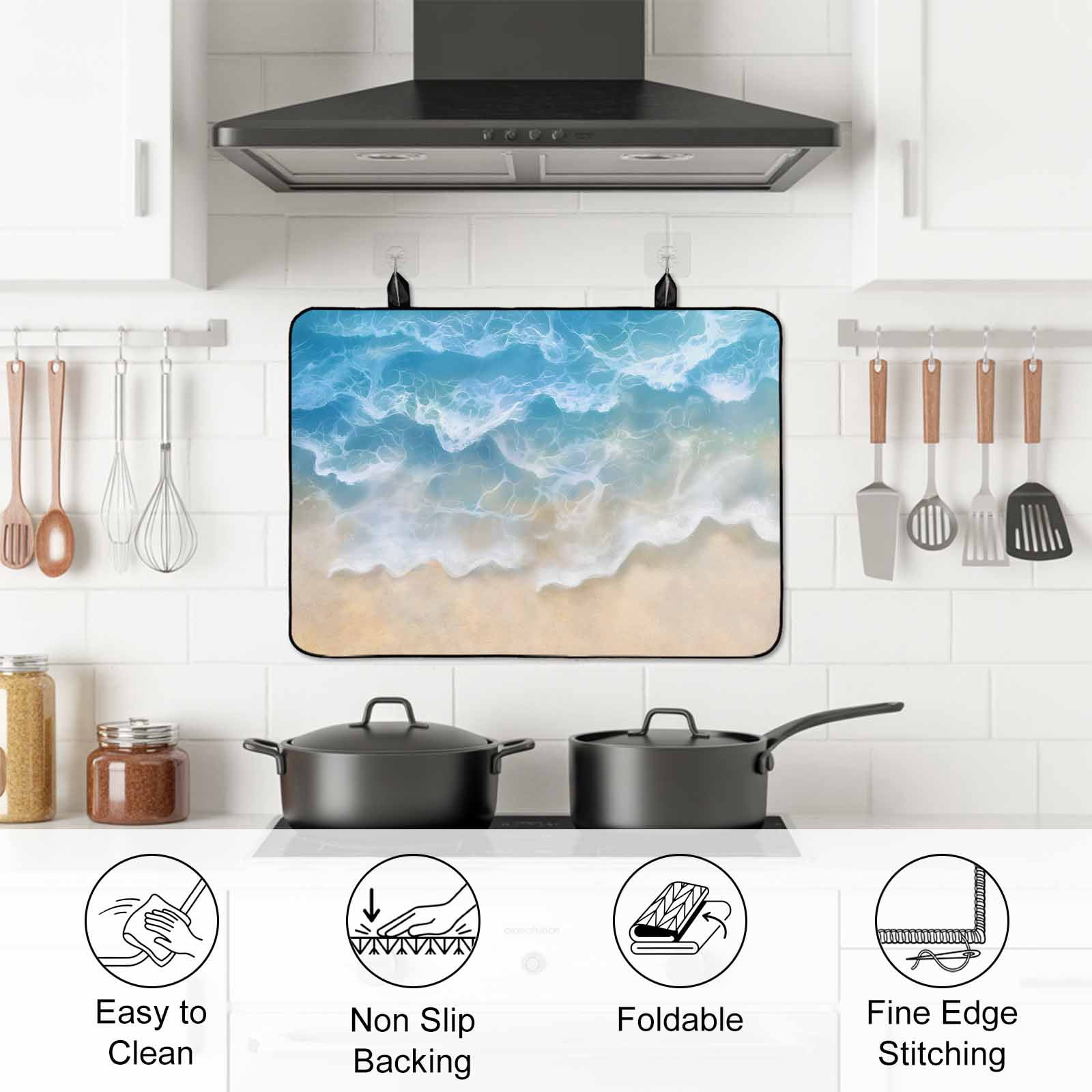 Blue Ocean Stove Top Cover for Electric Stove, Heat-proof & Non Slip Glass Top Stove Cover Protector, Nature Summer Beach Brown Sand Water Ripple Kitchen Flat Cooktop Rubber Mat 24x21 Inches