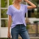 thumbnail image 4 of Camiseta con cuello en V Blusa de verano Color sólido Manga corta Mujer suelta Top, L, Azul Vogacara AP001219-15, 4 of 7