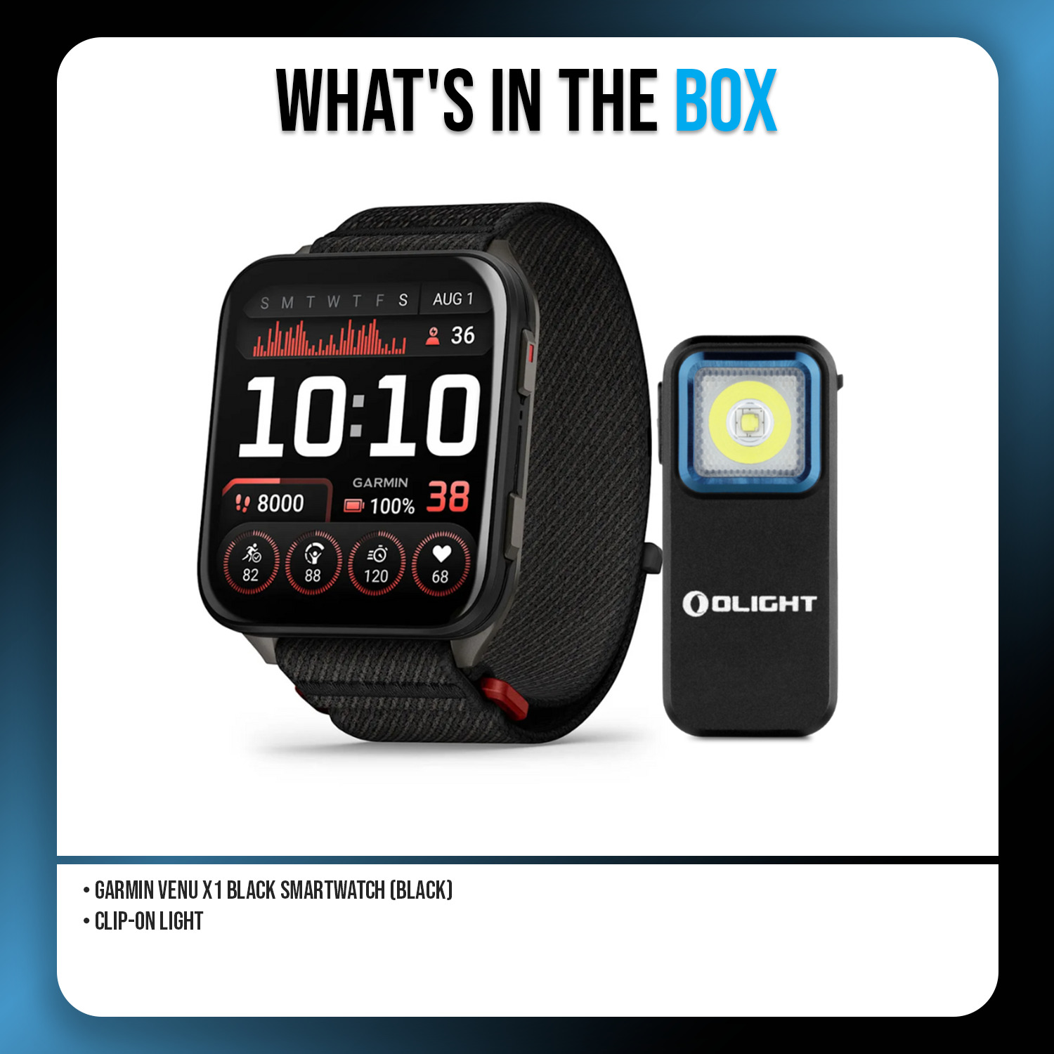 Garmin Venu X1 with Slate Titanium Caseback and ComfortFit Band (Black) Bundle with Clip-On Light