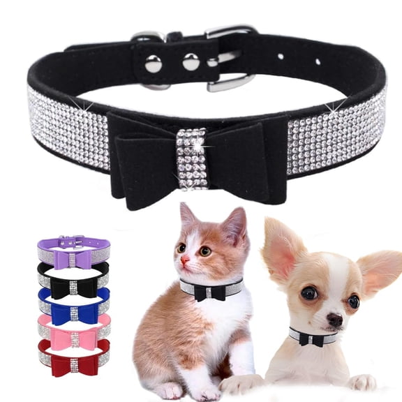Mumup 1Pack Dog Collar Girl with Bow, Female Rhinestone Puppy Collar Bling Diamond Sparkly Crystal Jewelry Cute Adjustable for XXS Small Medium Cat Pet Kitten Yorkie