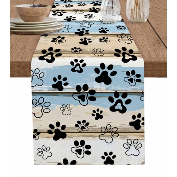 Blue Dog Paw Print Burlap Cotton Table Runner 13x36 Inches Short, Vintage Farmhouse Rustic Wooden Grain Farmhouse Table Runners, Outdoor Dining Tablecloths Decor for Baby Shower/Party/Wedding