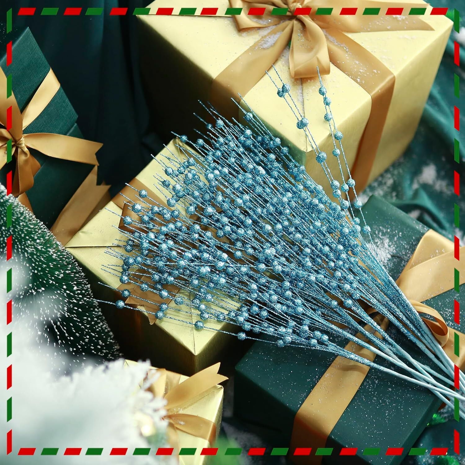 10 Pack Artificial Christmas Glitter Berry Stems, Christmas Tree Picks 17in Glittery Twigs Branches Decorative Bead Sticks for Christmas Tree Decorations Wreath Vase Holiday Decor (Lake blue)