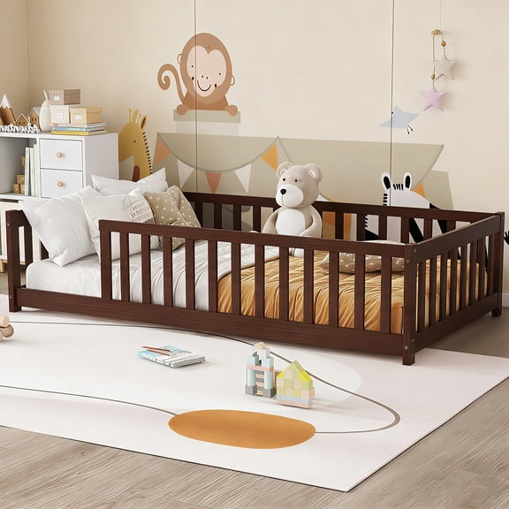 Bellemave Twin Size Floor Beds, Wood Montessori Bed with Fence Railings & Support Slats, No Box Spring Needed (Espresso)