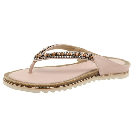

Sandals Womens Flip Flop Retro Beaded Decorative Round Toe Flat Bottom Comfy Non Slip Beach Shoes