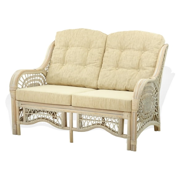 SK New Interiors Malibu Lounge Loveseat Sofa ECO Natural Rattan Wicker Handmade Design w/Cream Cushions, White Wash