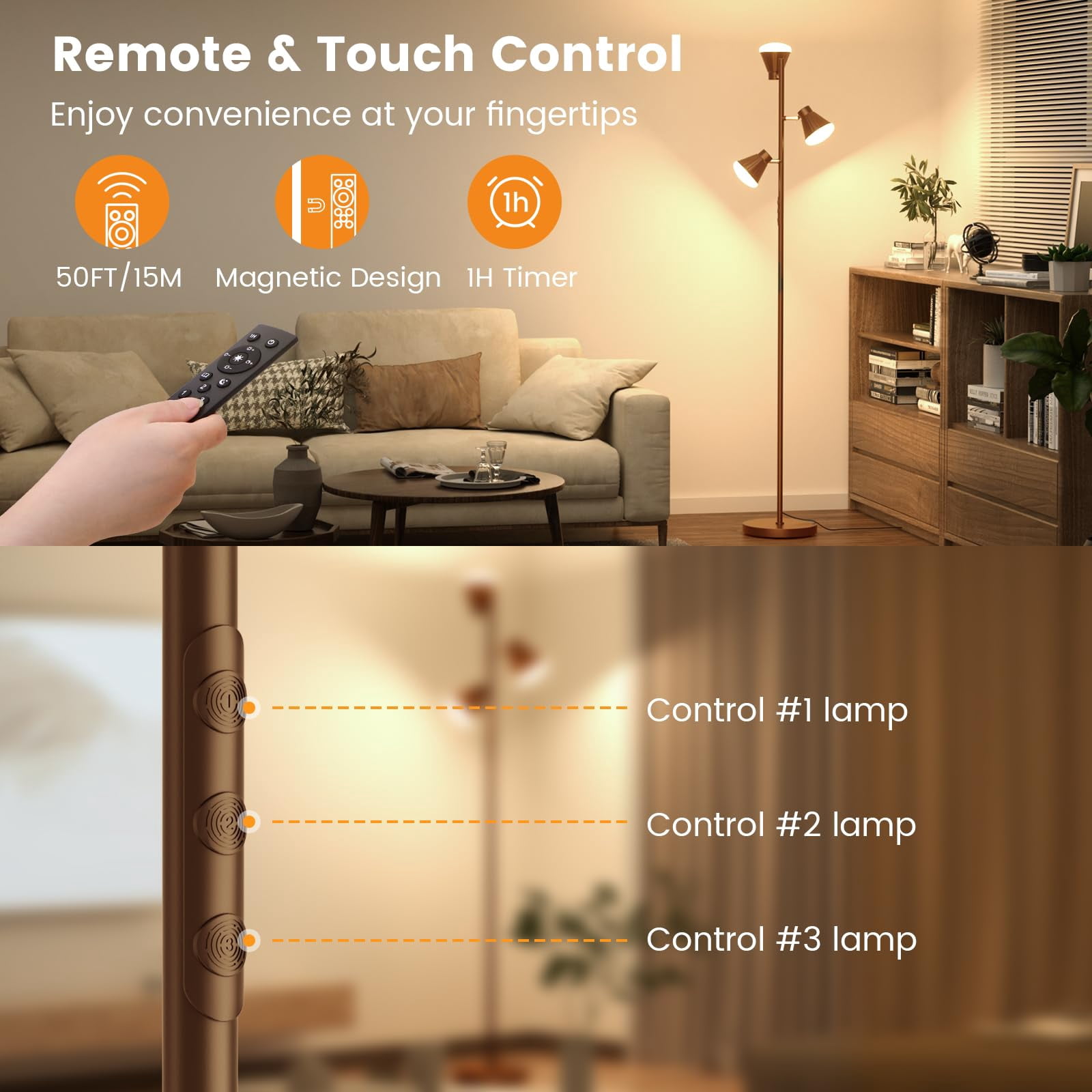 36W LED Tree Floor Lamp, Dimmable Tall Standing Lamp with Remote & Touch Control, 4 Color Temperatures Bright Floor Lamp, 3 Rotatable Light Modern Floor Lamps for Living Room Bedroom Office