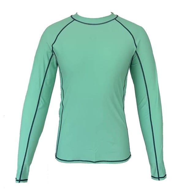 playera op para hombre wet shirt verde t eeg Camiseta surf para hombre color verde menta, vista frontal centrada, manga larga raglán y costuras negras contrastantes en torso y mangas, cuello redondo y corte recto con ajuste ceñido sobre fondo blanco; adecuada para uso casual y actividades al aire libre, a menudo usada también para proteger del sol en paseos de playa.