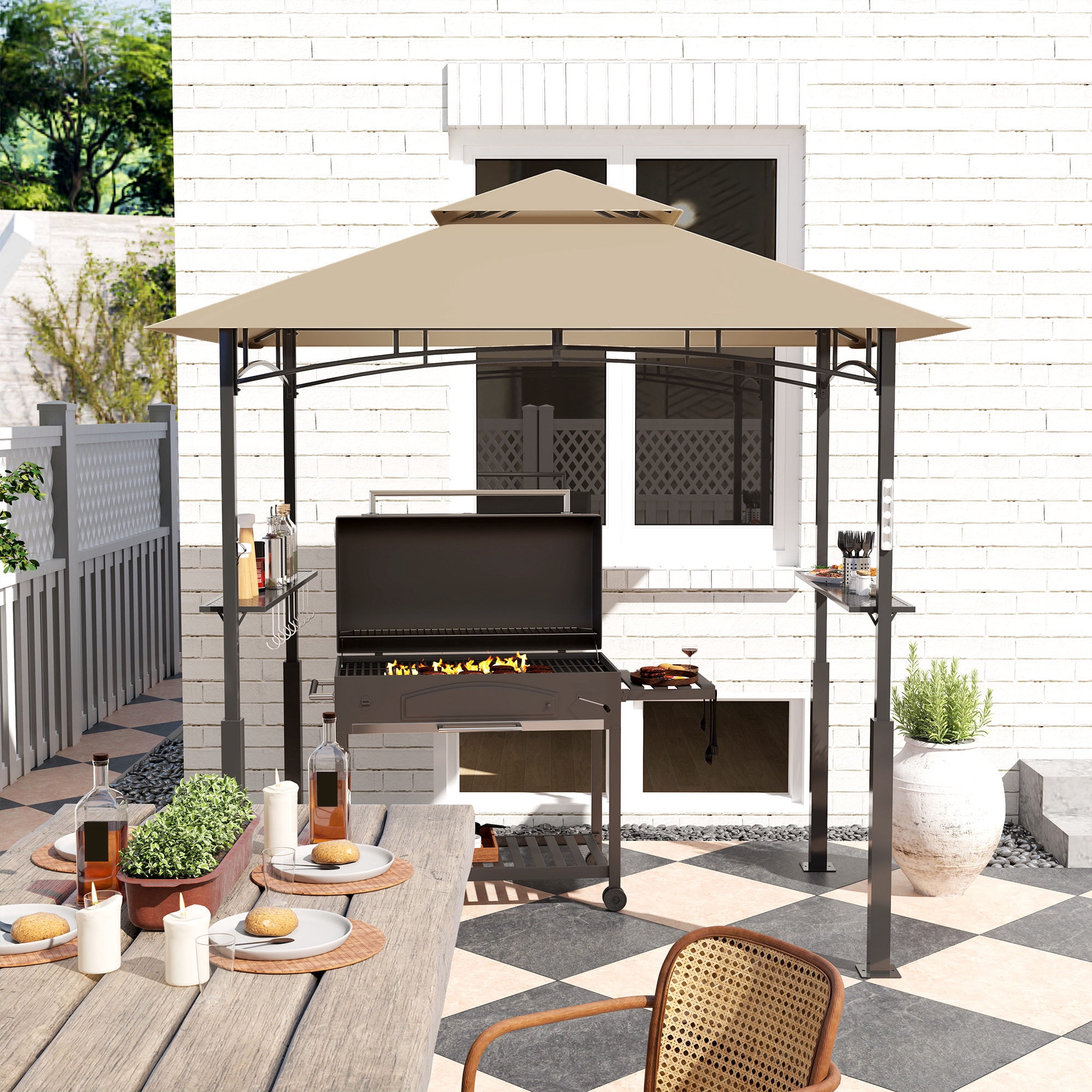 Outsunny 8' x 5' Grill Gazebo, Double Tiered Outdoor BBQ Gazebo with LED Light, 2 Side Shelves, Hooks and Bottle Opener for Patio Yard, Khaki