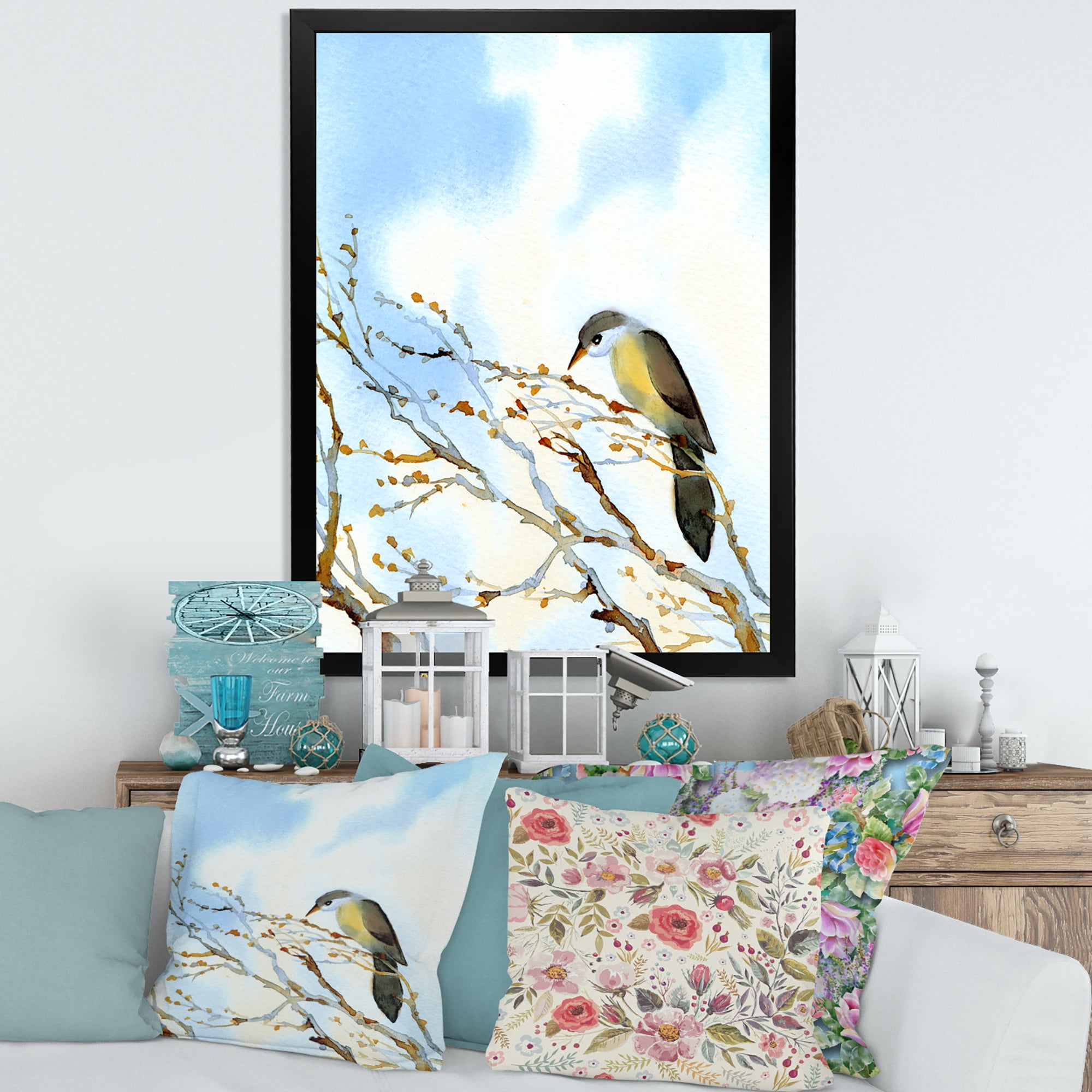 Designart 'Old Bird Sitting On Tree' Traditional Framed Art Print