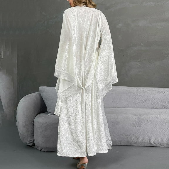 FDGIU Women's Velvet Robe with Lace Patchwork, Soft Long Bathrobe, Cozy Length Sleepwear Nightgown