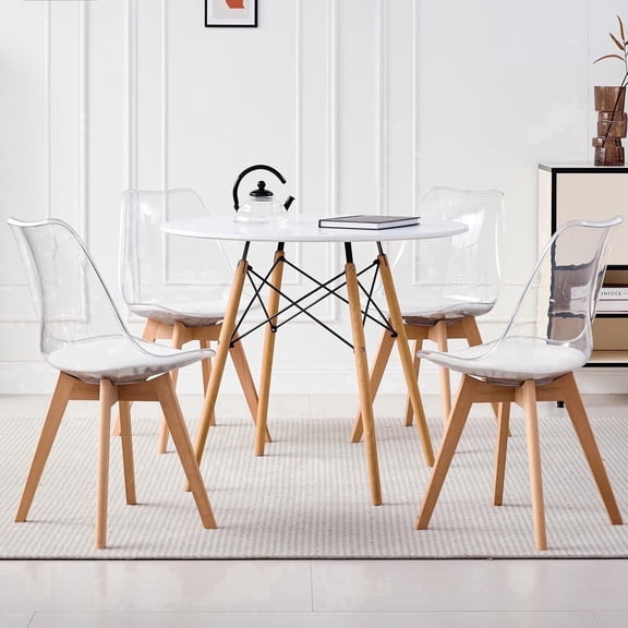 5 Piece Round Dining Table Set for 4, 35.5" Kitchen Table with 4 Clear Acrylic Chairs for Restaurant Bedroom Living Room, Space Saving White Table Chair Set of 4
