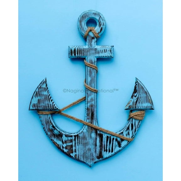 Nagina International 36" Antique Dark Blue Premium Pine Nautical Antique Colored Sailor's Decor Anchor With Vintage Rope | Wall Hanging