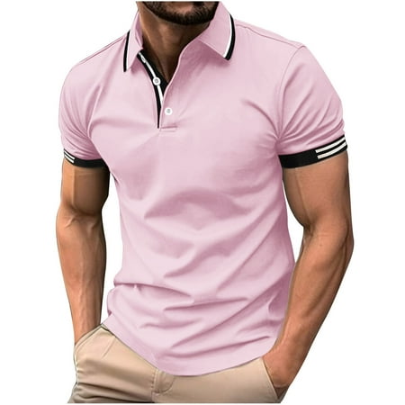 Qgtaibl Mens Golf Shirts Lightweight Short Sleeve Athletic T-Shirts Contrast Collar Muscle Workout Shirt Summer Pullover Tee Pink XL