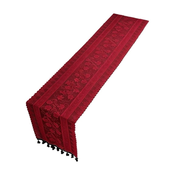 Burgundy Floral Embossed Table Runner, Polyester Fabric With Tassel Detail, Vintage Farmhouse Linen for Dining Table Layout, Kitchen Decor and Home Festive Arrangement