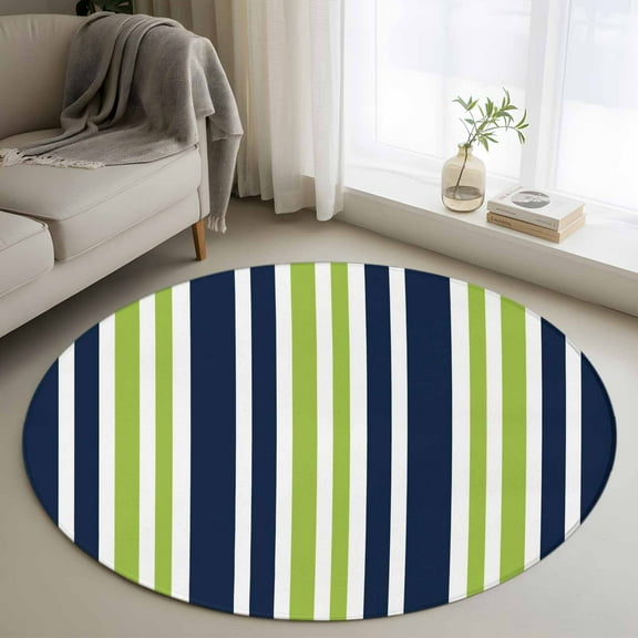 Navy Blue Green Striped Round Rug 3ft Washable Circle Entryway Rugs Non Slip Modern Minimalist Ombre Lines Area Rug Indoor Floor Carpet for Bedroom Kitchen Living Room Home Office Dining Room Nursery