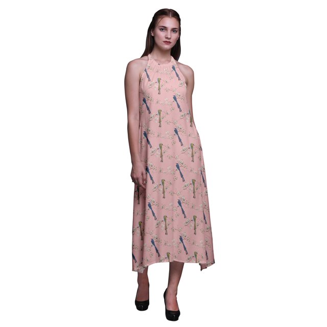Bimba Oiseau Causal Long Dos Nu Licol Robe de Plage Imprimée-Grande