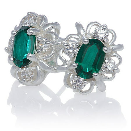 Created Emerald Oval Stud with White Topaz Swirl Earrings