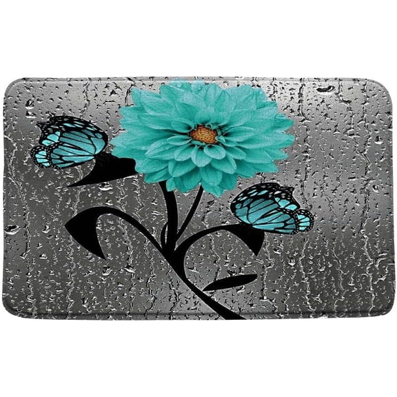 Teal Gray Bath Mat Dahlia Flower Butterfly Gray Water Beads Background Creative 3D Print Art Black Bathroom Shower Mat Kitchen Rug Microfiber Memory Foam 32"x20"