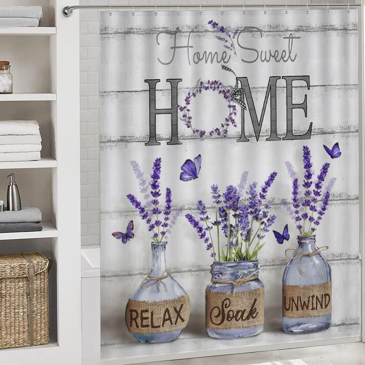 4PCS Shower Curtain Sets with Rugs Farmhouse Shower Curtain Neutral Rustic Country Shower Curtain Sets Purple Lavender Flower Shower Curtain Sets Bathroom Decor with Non-Slip Bath Mat Toilet Rug
