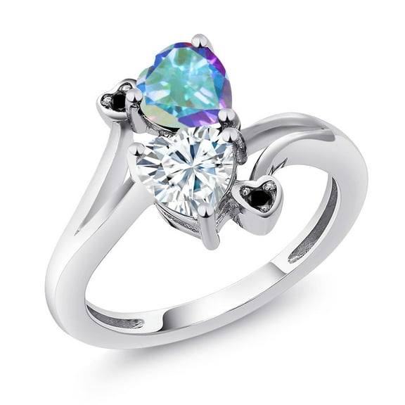 Gem Stone King 925 Sterling Silver Mercury Mist Mystic Topaz White Moissanite and Black Diamond Ring for Women (1.83 Cttw, Heart Shape 6MM, Gemstone Birthstone, Size 5)