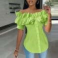 thumbnail image 6 of BYHONG Women Off Shoulder Layered Ruffles Button Down Asymmetrical Hem Top Women's Ruffle Trim Off Shoulder Short Sleeve Blouse Party Tops Shirt Green S, 6 of 9