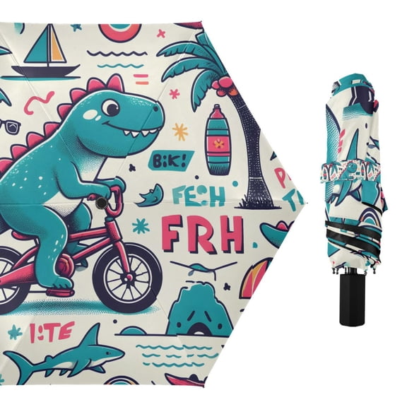 Cartoon Dinosaur with Bike Compact Sun Umbrella Windproof Travel Umbrellas for Rain Strong Portable UV Protection
