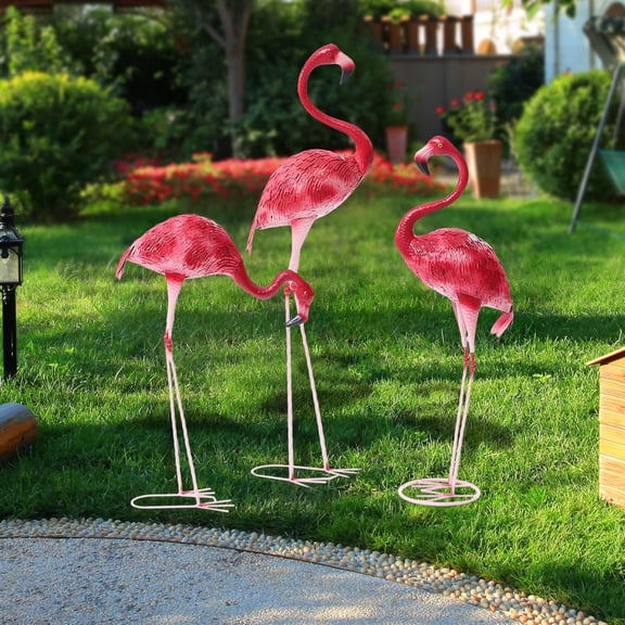 3 Packs Pink Flamingo Yard Ornament Sculpture Large Lawn Metal Flamingo Statue with Metal Legs for Patio Backyard Pond Decorations