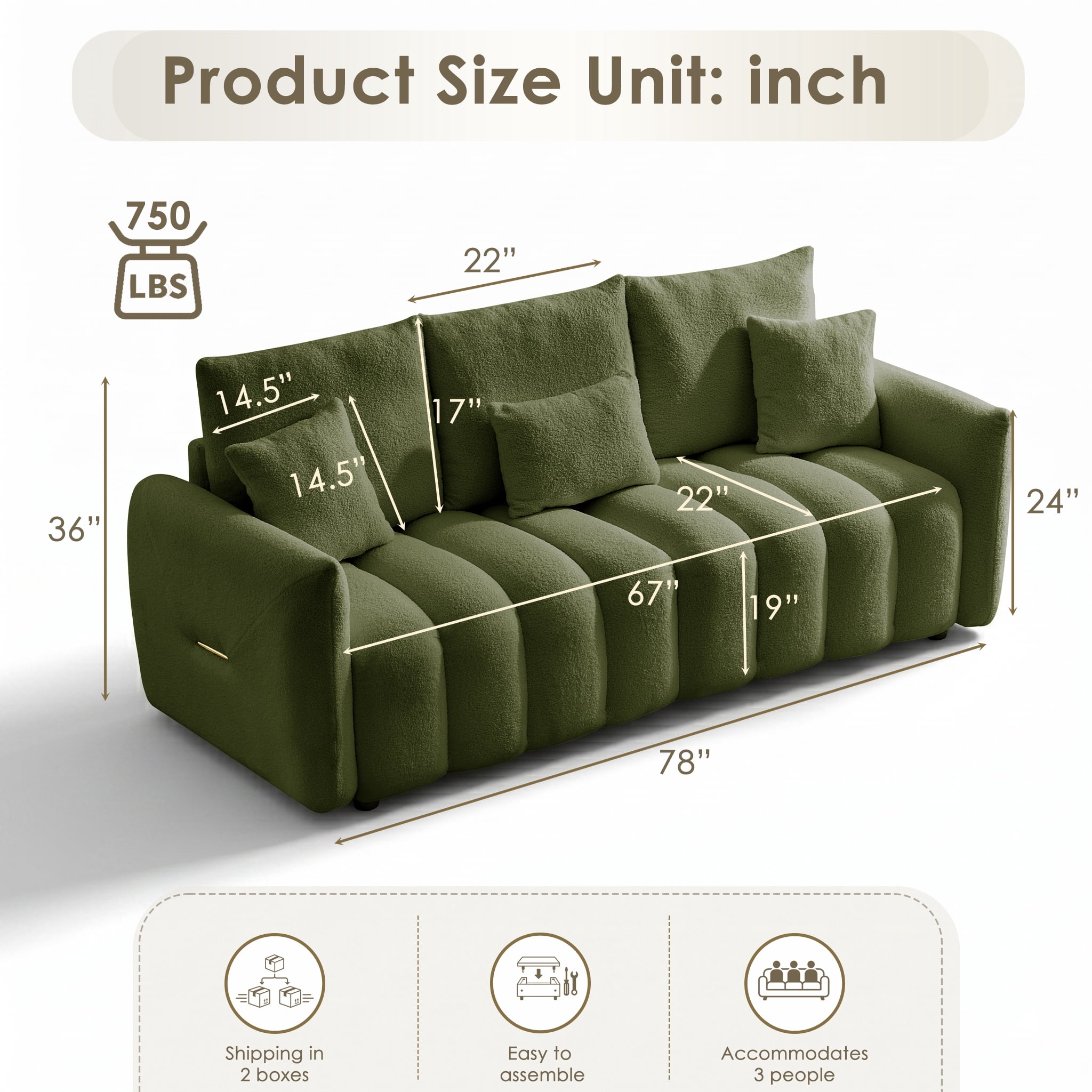 AISWORD Modern Sofa Couch, Comfy Deep Seat Teddy Cloud Sofa, Upholstered 3-Seater Boucle Couch with Pillows, Green