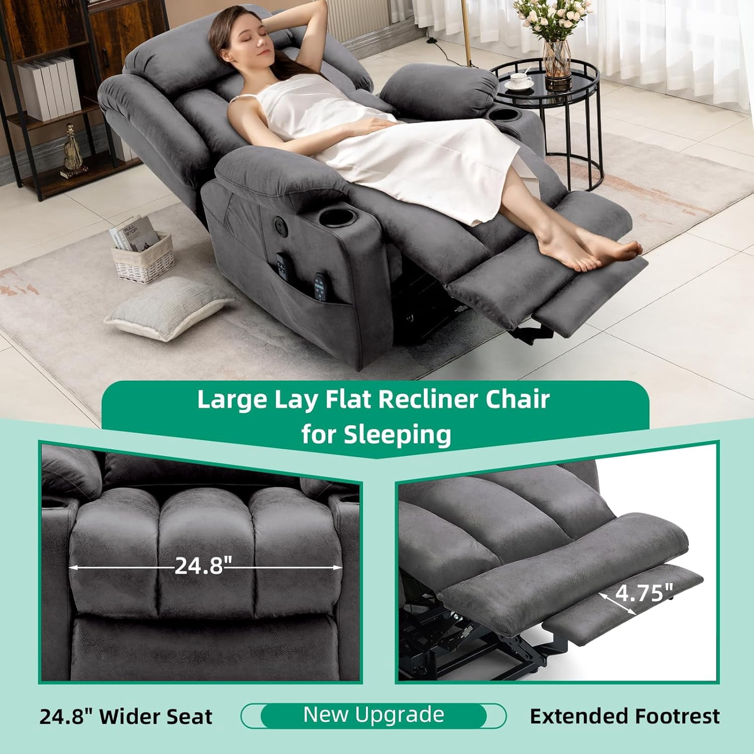 VIVIJASON Tall Man Large Dual Motor Power Lift Recliner Chair with Extended Footrest, Oversized Lay Flat Sleeper Electric Recliner W/Heat & Massage, Lumbar Pillow, USB & Type-C Ports, Gray
