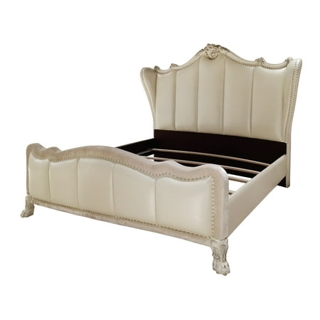 ACME Dresden Faux Leather Channel Tufted California King Bed in Bone White