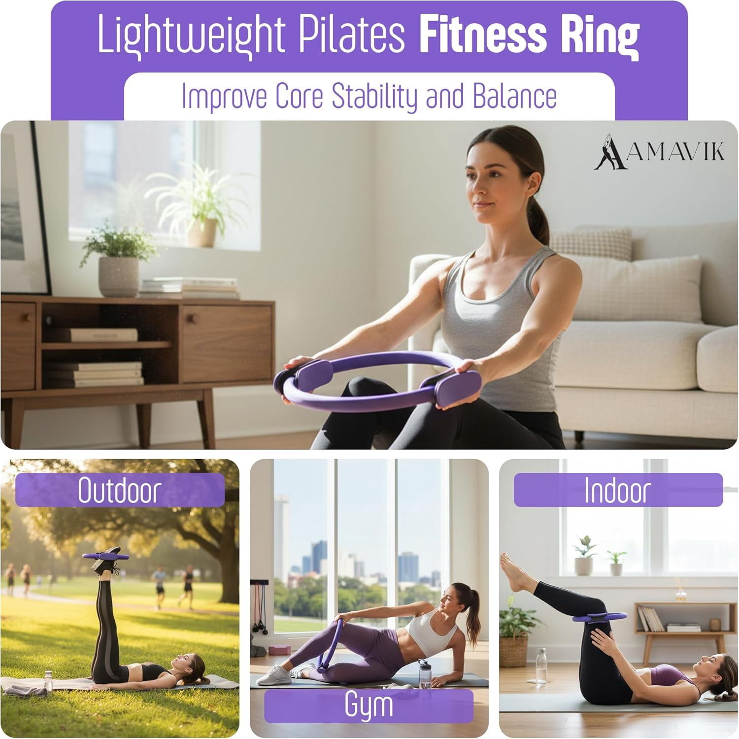 AMAVIK Pilates Kit 15-Piece Home Workout Set of 5 Resistance Bands Pilates Ring and Ball Set with Accessories-A Complete Pilates Set for Women to Improve Strength, Flexibility and Balance Body-Purple