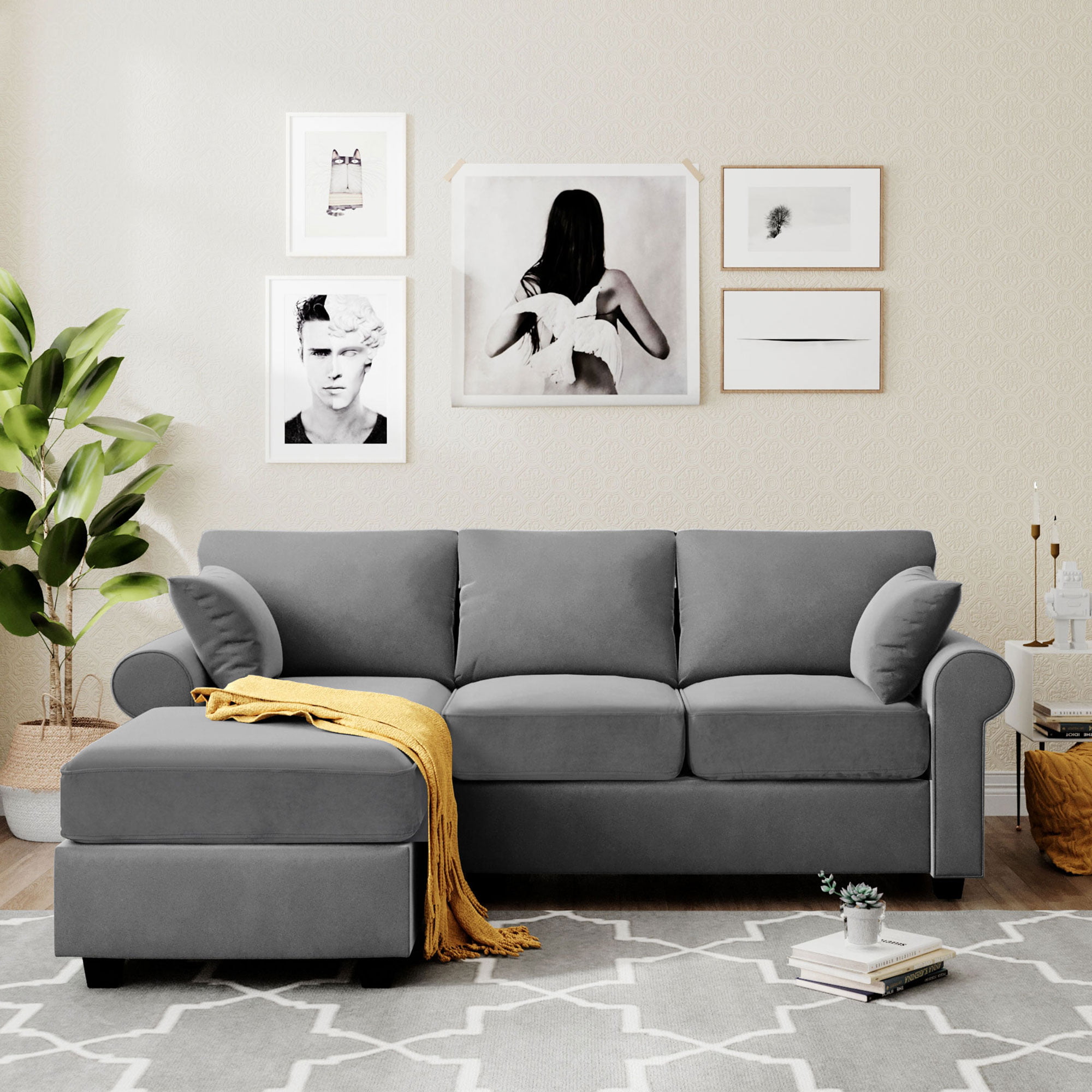 Sectional Sofa with Lounger Chaise, 3 Seater Fabric Couch L-Shaped Sofa