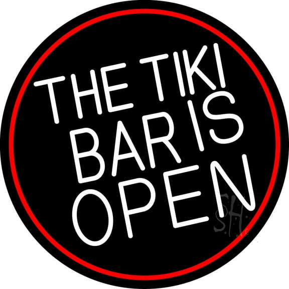 The Tiki Bar Is Open Oval With Red Border LED Neon Sign 26 x 26 - inches, Clear Edge Cut Acrylic Backing, with Dimmer - Bright and Premium built indoor LED Neon Sign for Bar decor.