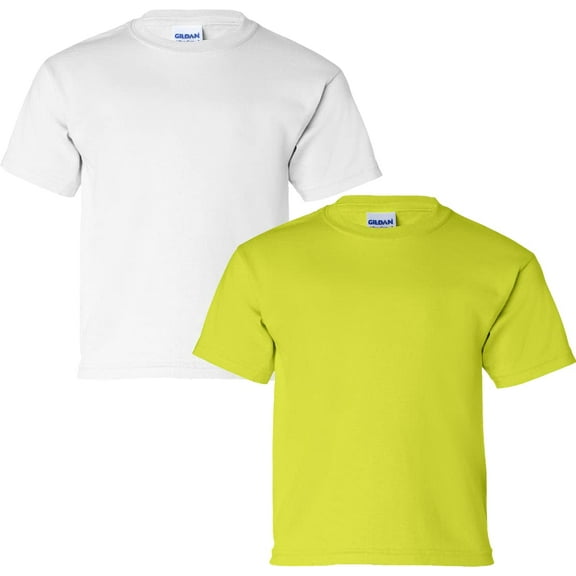 Gildan Youth Ultra Cotton T-Shirt, S, Safety Green (Pack of 2) (1 White / 1 Safety Green)