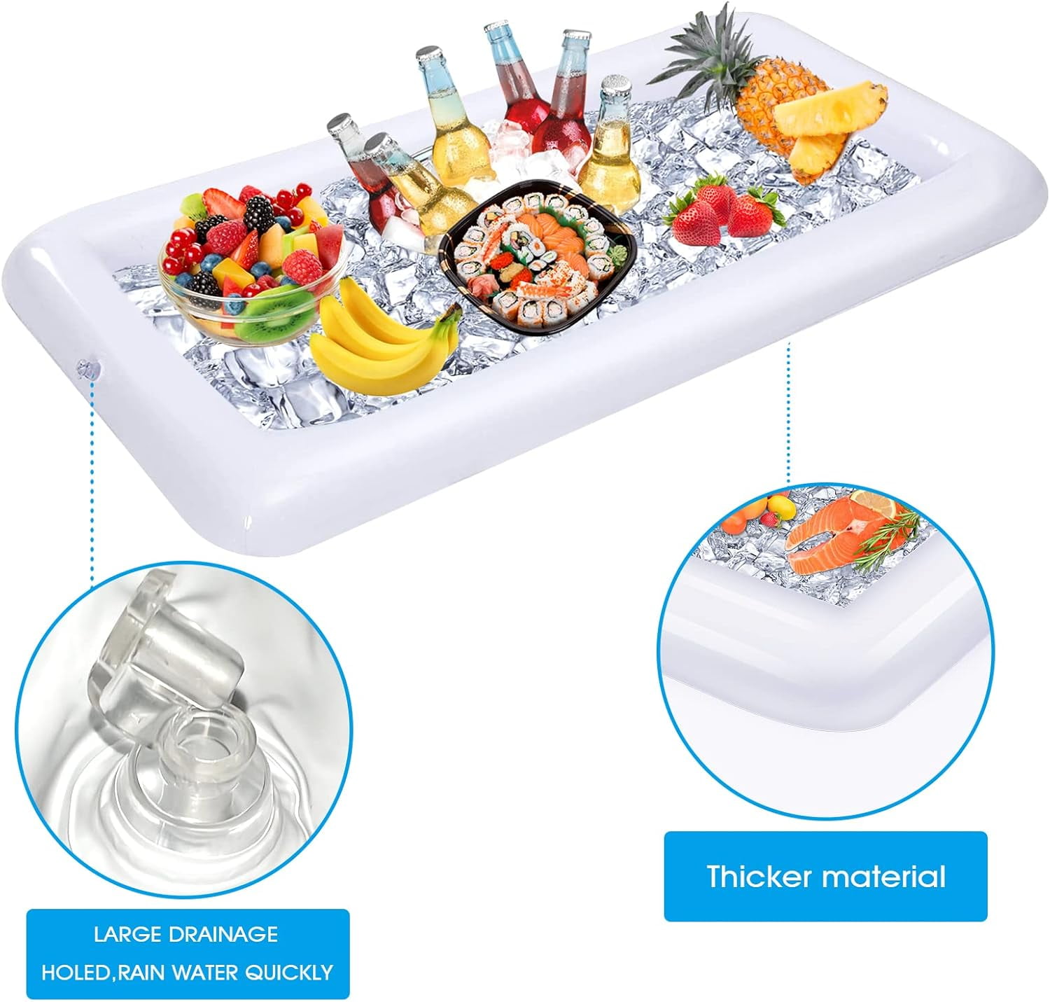 Inflatable Ice Serving Bar Pool Party Buffet Drink Cooler Floating Food Drink Container with Inflator（white 2 Big and 2 Small）