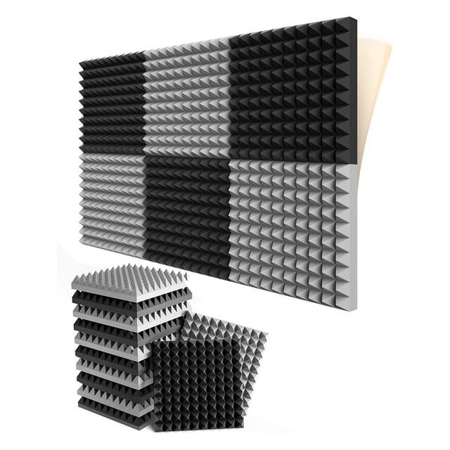 Paquete de 12 Paneles de Espuma una Prueba de Sonido Autoadhesivos, Espuma AcúStica con DiseñO de PiráMide de 2X12X12 Pulgadas, para Estudio en Casa, Negro + Gris