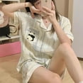 thumbnail image 3 of Conjunto de pijama de verano para mujer, ropa de casa cómoda, suave, suelta, con estampado de letras, Top con botones y pantalones cortos, 2 piezas, Multicolor, 3 of 5