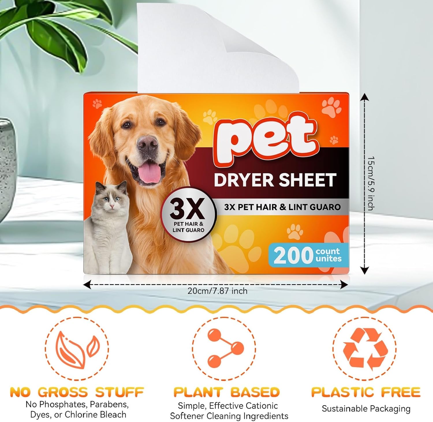 Pet Hair Remover for Laundry, Lint Dryer Sheets, 3 X Pet Hair Fighters, Reduces Static, Adds Softness(Unscented,200 Count)