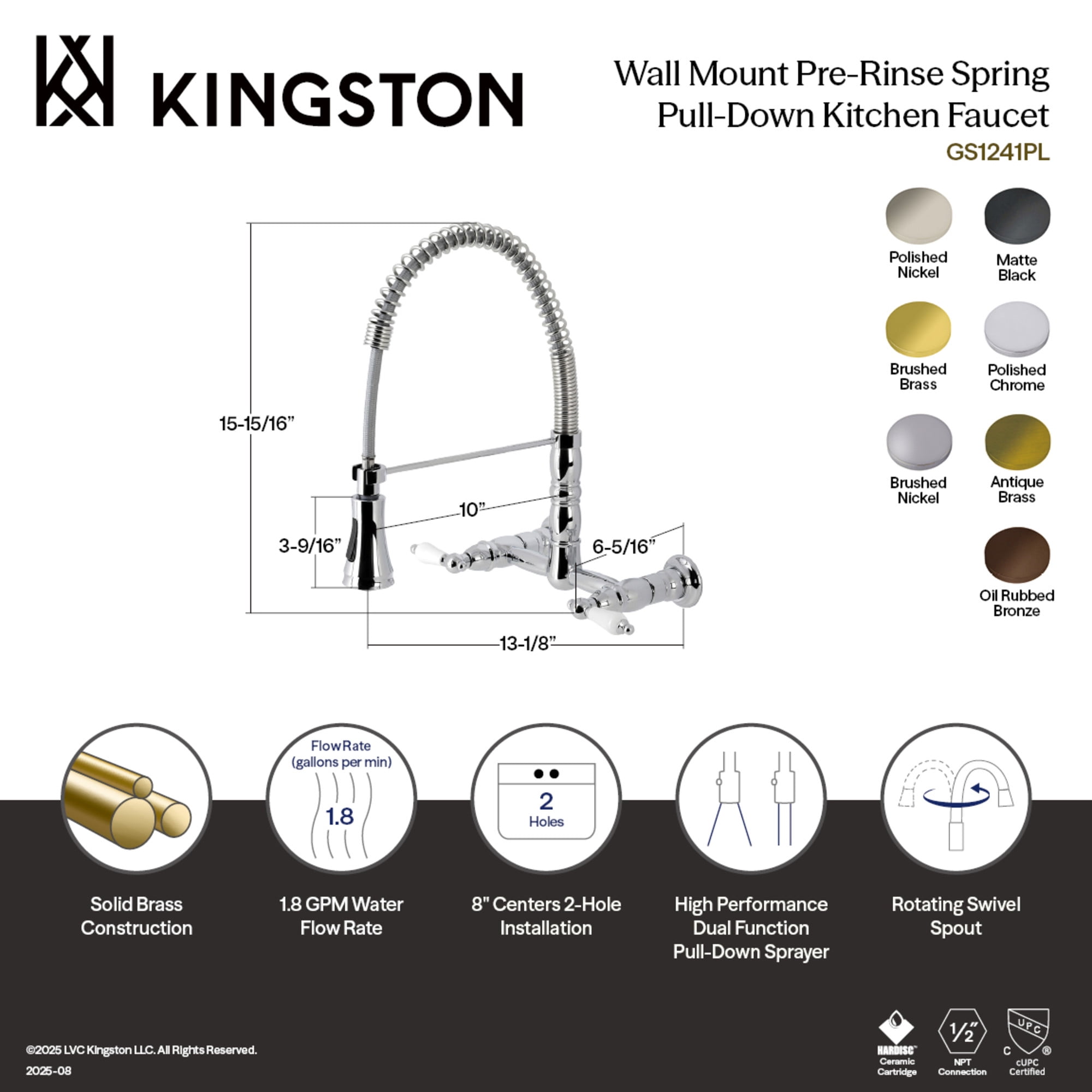 Kingston Brass GS1247PL Heritage Double-Handle 2-Hole Wall-Mount Pre-Rinse Bridge Kitchen Faucet in Brushed Brass
