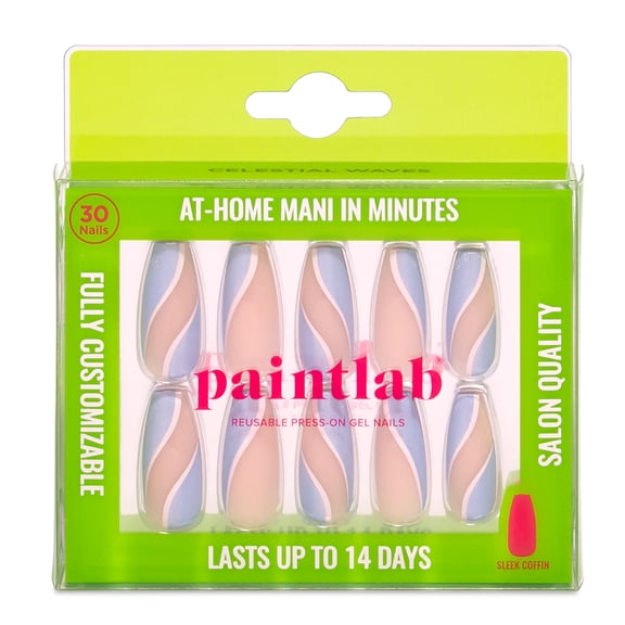 PaintLab Long Sleek Coffin Press On False Nails, Celestial Waves, 30 Count