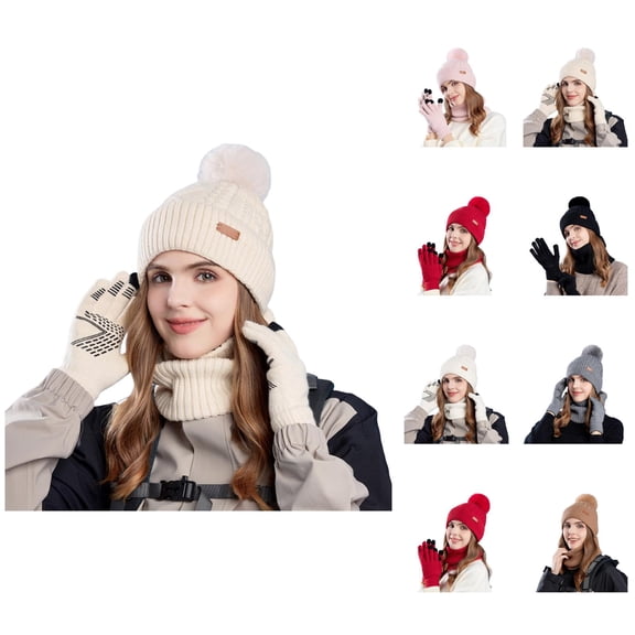 Winter Warm Knit Hat Scarf Gloves Set - Thick Plush Beanie Neck Warmer Mittens, Windproof Stocking Stuffers, Christmas Gifts For Men Women Girls Boys