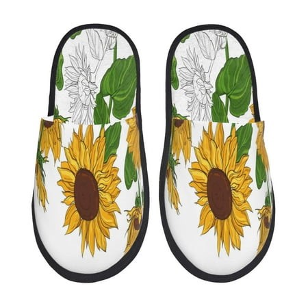 Balery Plump Sunflower And Sketch Slient Indoor Furry Fleece Comfort House Shoes Soft Non-Slip Home Shoes Cotton slippers House Slippers-- Large
