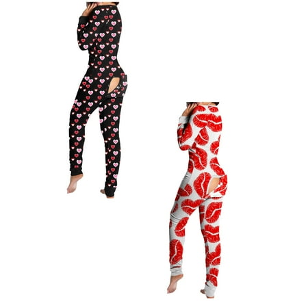 

Dtydtpe Women Print Long Sleeve Button Flap Nightwear Jumpsuit Bodysuit Playsuit Romper Cotton Nightshirts *2PCS